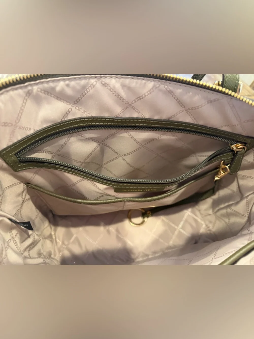 Michael Kors Dark Olive Saffiano Leather Tote with Gold Logo Charm - Picture 9 of 16